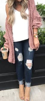 Women S Pink Knit Cardigan White Top Blue Distressed Skinny Jeans And Brown Peep Toe Heeled Bootie Fashion Cozy Fall Outfits Cute Outfits