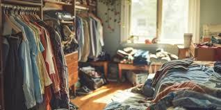 A messy bedroom with clothes scattered all over the floor and bed The room  has a cluttered and disorganized appearance which may suggest a lack of  cleanliness or a busy lifestyle |