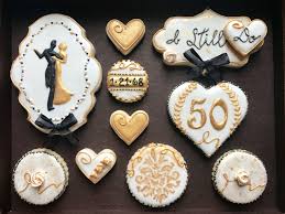 50th Wedding Anniversary Golden Cookies Decorated With Royal Icing 50th Anniversary Cookies 50th Wedding Anniversary Decorations 50th Anniversary Decorations