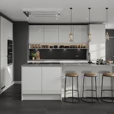 Howdens clerkenwell gloss kitchen in graphite with holborn gloss cashmere cashmere gloss kitchen, beige howdens burford grey kitchen with quartz 'white storm Clerkenwell Gloss Dove Grey Kitchen Modern Kitchen Design Modern Kitchen Colours Modern Kitchen