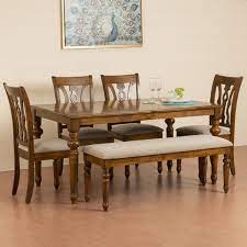Dining table set with bench and chairs. Tagetes 6 Seater Dining Table Set With Chairs And Bench Brown Brown Solid Wood