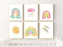 Nursery Wall Art Printables 6 Set Sun Cloud Rainbow Art Etsy Wall Art Prints Printables Pastel Nursery Art Rainbow Wall Art