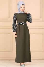 Modaselvim Elbise Kollari Payetli Tesettur Elbise 5660mp186 Haki Moda Stilleri Basortusu Modasi The Dress