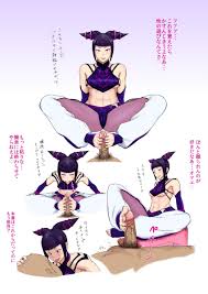 isami jun, han juri, capcom, street fighter, street fighter iv (series),  highres, pixiv sample, resized, translation request, 1boy, 1girl, :p, abs,  breasts, cameltoe, condom, condom in mouth, eye contact, feet, femdom,  footjob,