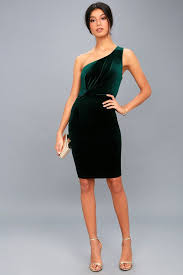 Candlelit Date Forest Green Velvet One Shoulder Bodycon Dress Green Velvet Dress Forest Green Dresses Bodycon Dress