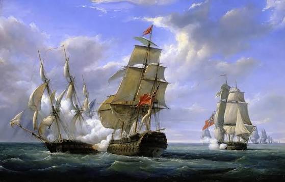 A painting of an engagement between three East India Company ships and two French vessels, 8 March 1757'. Painted by Auteur Lawson Dunn. Three homeward bound East Indiamen, the 'Suffolk', 'Houghton' and '