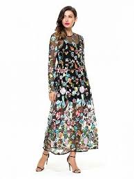 Black Embroidery Floral Long Sleeve Sheer Mesh Maxi Dress Choies Com Dresses Maxi Dress Maxi Dress Online
