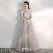 Elegant Lilac Evening Dresses 2020 A Line Princess Off The Shoulder Short Sleeve Appliques Lace Beading Floor Length Long Ruffle Backless Formal Dresses Evening Dresses Backless Dress Formal Formal Dresses