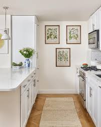 white galley style kitchen with jute