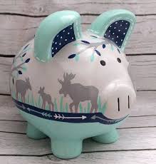 Moose And Arrow Personalized Piggy Bank In Navy Turquoise And Etsy Personalized Piggy Bank Baby Art Projects Piggy Bank