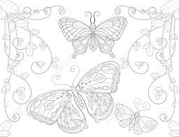 Our butterfly coloring sheet shows a pretty butterfly soaring in the sky above spring flowers. Coloring Book Page For Adult With Butterfly Flowers And Curls Royalty Free Cliparts Vectors And Stock Illustration Image 62958865
