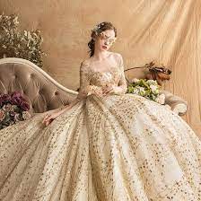 Luxury Gorgeous Gold Wedding Dresses 2019 Ball Gown Square Neckline Glitter Tulle Beading Sequins Crystal 3 4 Sleeve Backless Royal Train Gold Wedding Gowns Gold Wedding Dress Ball Gowns