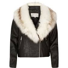 River Island Black Faux Fur Collar Biker Jacket Fur Collar Leather Jacket Black Faux Fur Fake Leather Jacket