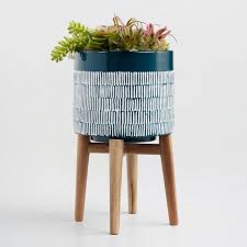 25 World Market Dark Turquoise Ceramic Planter With Wood Stand V3 Ceramic Planters Modern Plant Stand Planters
