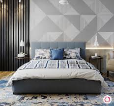 Purple and yellow is another color duo to consider for your bedroom like this modern bedroom. A Contemporary Bedroom With New Age Patterns And A Muted Grey And Blue Color Scheme Wallpaper Design For Bedroom Grey Wallpaper Bedroom Wallpaper Walls Bedroom