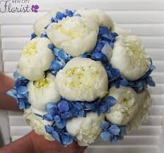 Blue white flower wedding bouquet. New City Florist Peony And Hydrangea Bridal Bouquet