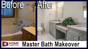 When you take out the green. Master Bathroom Remodel Grey Cabinetry Before After Makeover Youtube