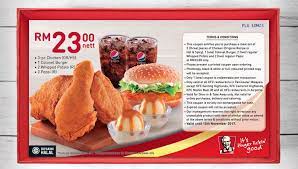 Malaysia's food act 1983 and the food regulations of 1985 govern food safety and quality control, including food standards, food hygiene, food import and export, food advertisement and accreditation of laboratories. Print Kfc Coupon Discount Enjoy Set Meal Combo Rm23 Until 15 November 2017