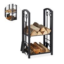 Mit der kesseldruckimprägnierung aller holzteile bietet das weka brennholzregal langfristigen schutz gegen witterungseinflüsse. Amagabeli Kaminholzregal Mit 4 Teilig Besteck 72x40x30cm Innen Kaminholzstander Kamin Begleiter Set Draussen Holzregal 2 Ablagen Schmiedeeisen Brennholzregal Kaminbesteck Kaminholzhalter Holzhalter Kaminbesteck Zaegel Held Garten