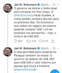 Bolsonaro's supporters and aides have amplified his message. Brazilian President Bolsonaro Announces Doubling Of Airport Duty Free Allowance By Twitter The Moodie Davitt Report The Moodie Davitt Report