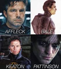 WATAK SUPERHERO : 4 GENERASI BATMAN Empat aktor yang membawa watak Batman,  iaitu Michael Keaton, Ben Affleck, Christian Bale dan yang terbaru adalah  Robert Pattinson. Tiga daripadanya yang sebelum ini, telah berjaya