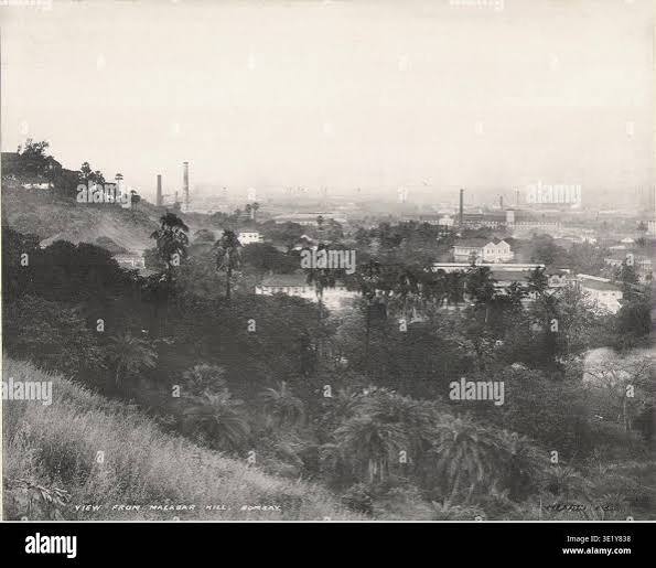 A panoramic view of Bombay taken from Chinchpoogly Hill, looking towards Cumballa Hill and Warli. c.1870s. Watercolour. Source: WD 3822. Author: Griffiths, Linette Rebecca Stock Photo - Alamy