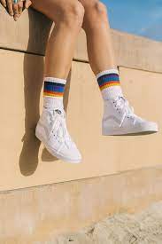 Sun Drenched With The Summer Camp Crew Sock And True White Sk8 Hi Sock Outfits Vans Shoes Women Vans Girls