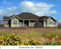 This siding & stone home showcases a custom ashlar & castle rock veneer stone product blend of fond du lac kensington blend & mill creek castle rock stone veneer for its ashlar. 3d Model Gray Siding Ranch House Stock Illustration 3102323