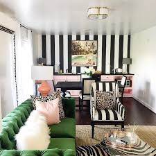 Black And White Striped Walls With Emerald Green Tufted Sofa Hollywood Regency Den L Striped Wallpaper Living Room Black And White Living Room Striped Room