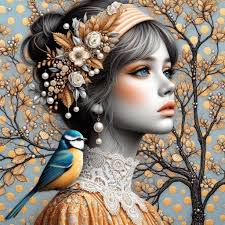 Amazing prompt of Sylvia Stokes with a few changes ❤️ My prompt: Highly  realistic sureal image of a woman wearing a pretty girlie and pearl  headband in orange print of blue and