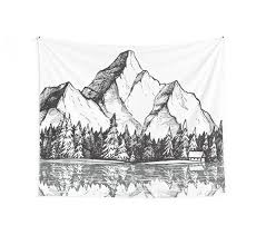 Scenic Mountain With Reflection In Lake Water Snowy Mountains Mountain Range Drawing Tapestry By Magnetic Pajama In 2021 Mountain Range Drawing Mountain Drawing Mountain Sketch