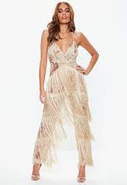 Missguided Synthetic Rose Gold Sequin Fringe Jumpsuit In Metallic Lyst