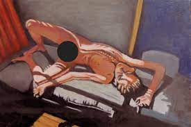 Desnudo masculino joven acostado en la cama. / Cuadro original 
