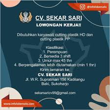 Ikuti kami agar tidak ketinggalan update loker harian Lowongan Kerja Tim Cutting Pabrik Plastik Cv Sekar Sari Sukoharjo Info Loker Solo