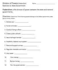 Division Of Power Federalism Worksheet American Government Worksheets Division