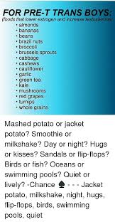 And chicken estrogen is identical to human estrogen—they're identical molecules. For Pre T Trans Boys Foods That Lower Estrogen And Increase Testosterone Almonds Bananas Beans Brazil Nuts Broccoli Brussels Sprouts Cabbage Cashews Cauliflower Garlic Green Tea Kale Mushrooms Red Grapes Turnips Whole Grains