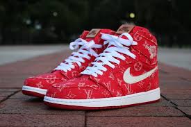 Louis Vuitton X Off White X Air Jordan 1 Customs Mens Air Jordan 1 Custom Covered In The Red Supreme X Louis Vuitton Baseball Jersey Print Air Jordans Retro Air Jordans Supreme Shoes