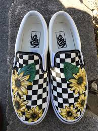 Black And White Checkered Vans With Sunflowers Checkered Vans I Hand Painted For A Friend Painted Shoes Diy Vans Slip On Shoes Vans Shoes Fashion