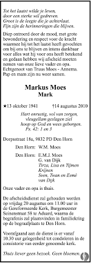Markus (Mark) Moes ✝ 14 augustus 2010 • overlijdensbericht en condoleances 