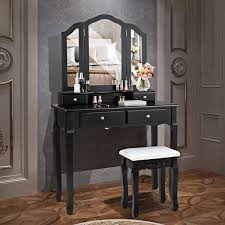 This dressing table set includes a mirrored dressing table with four drawers and a stool. Gymax Bedroom Tri Folding Mirror Vanity Makeup Table Stool Set Black Walmart Com Walmart Com