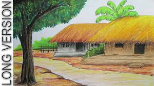 How To Draw Village Hut With Pastel Color Long Version Landscape Drawing Tutorial Pastel Landscape Oil Pastel Landscape