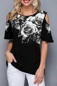 Crew Neck Cold Shoulder Print Casual T Shirts Shopingnova In 2020 Ladies Tops Fashion Fashion Tops Fashion