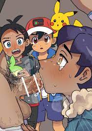 ash ketchum, goh (pokemon), grookey, hop (pokemon), leon (pokemon),  pikachu, creatures (company), game freak, nintendo, pokemon, pokemon (anime),  pokemon journeys, absurdres, highres, 4boys, age difference, bar censor,  black hair, blue eyes, blush,