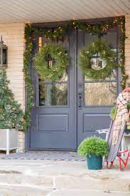 Dark Entry Doors With Glass Decorated For Christmas Front Door Christmas Decorations Front Porch Christmas Decor Christmas Front Doors