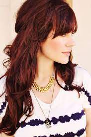 Long Layered Hairstyle With Beautiful Fringe Red Hair Hair Styles Dark Red Hair Color Red Highlights In Brown Hair