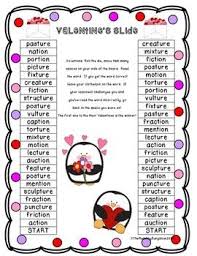 Phonics is a method of teaching kids to learn to read by helping them to match the sounds of letters, and groups of letters, to distinguish words. Valentine S Slide A Game To Practice Ture And Tion Endings Phonics Ture Words Phonics Worksheets