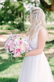 Purple bouquet of lavender, bluebells and wildflowers. Purple And Pink Summer Wedding Mismatched Bridesmaid Dresses In Light Purple And Pink Colorsbridesmaid