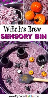 Tutorial for an easy unicorn sensory bin using rice; Witch S Brew Sensory Bin For Halloween My Bored Toddler