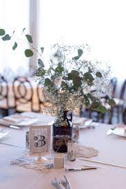 Centerpiece With Baby S Breath And Eucalyptus By Events For You Asheville In Brid Flower Centerpieces Wedding Wedding Floral Centerpieces Wedding Centerpieces
