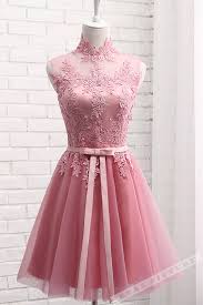 Pink Tulle Lace Applique High Neck See Through Short Prom Dresses Homecoming Dress Prom Dresses For Teens Knee Length Prom Dress Cute Prom Dresses
